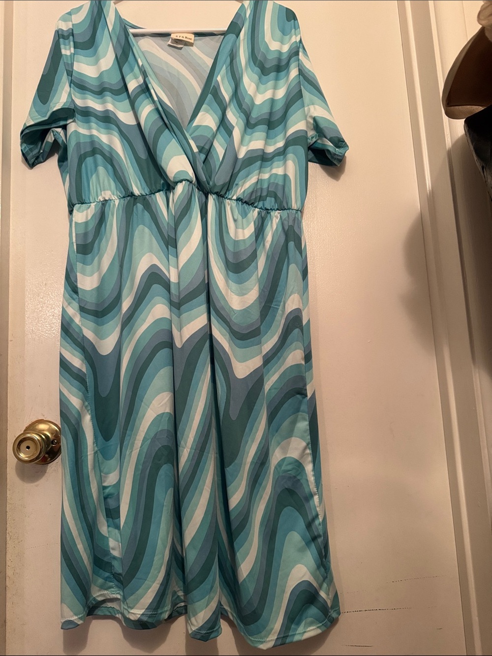 Women’s Aqua Wave Midi Dress - V-Neck, Short Sleeve